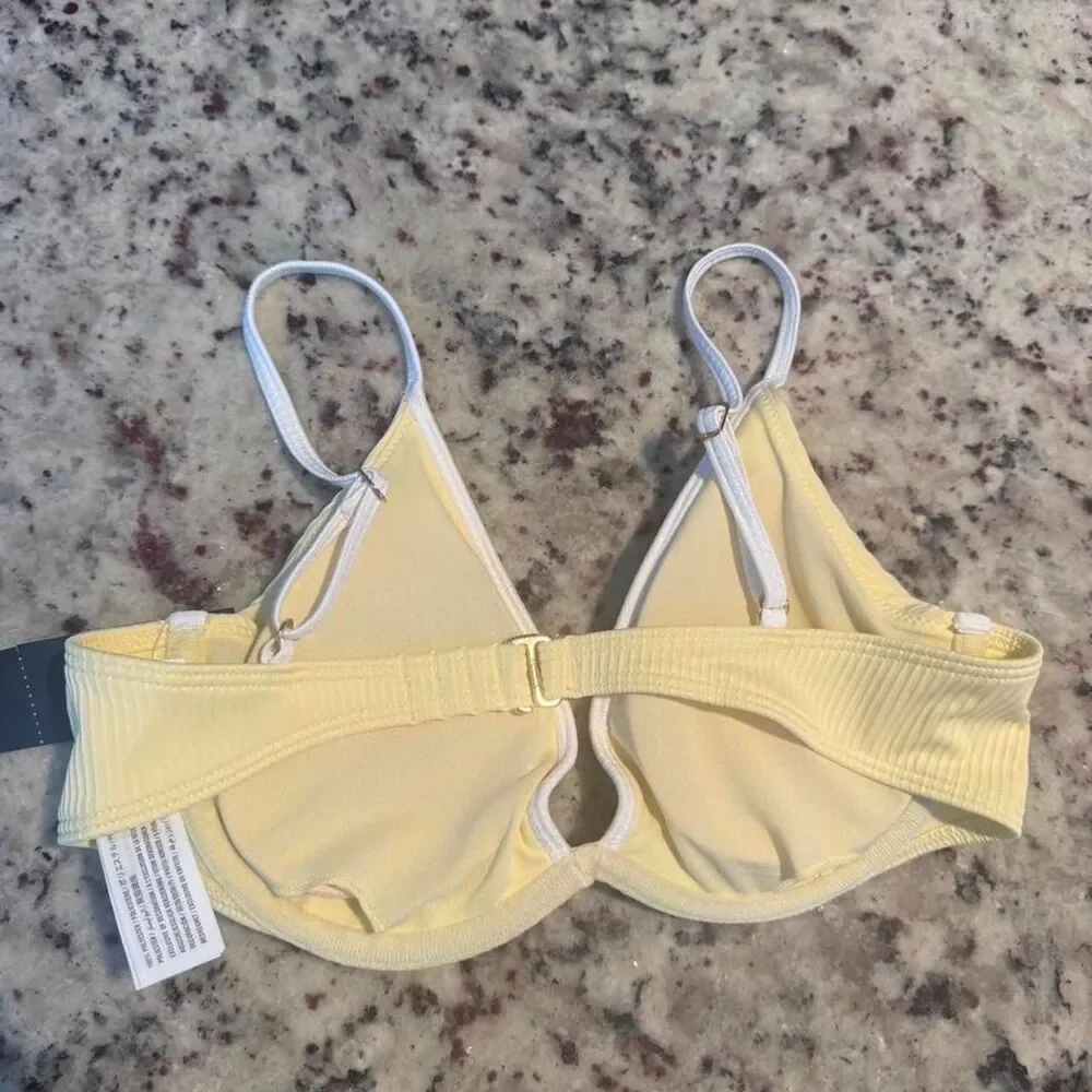 Hollister Yellow Ribbed Bikini Top NWT Size S White Trim Swimwear